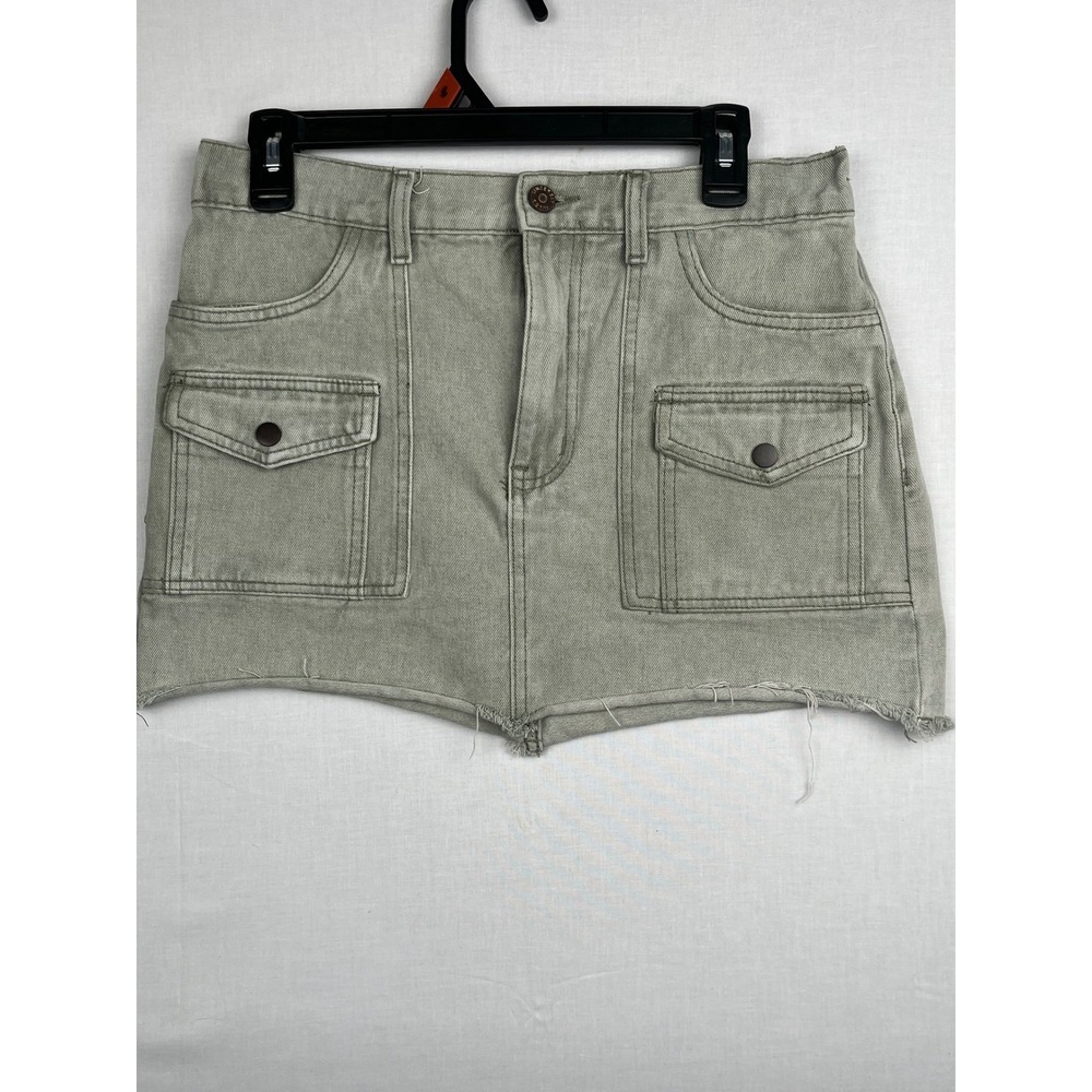 Sincerely Jules Denim Mini Skirt Sage Green Cargo Utility Raw Hem Size 11/29
